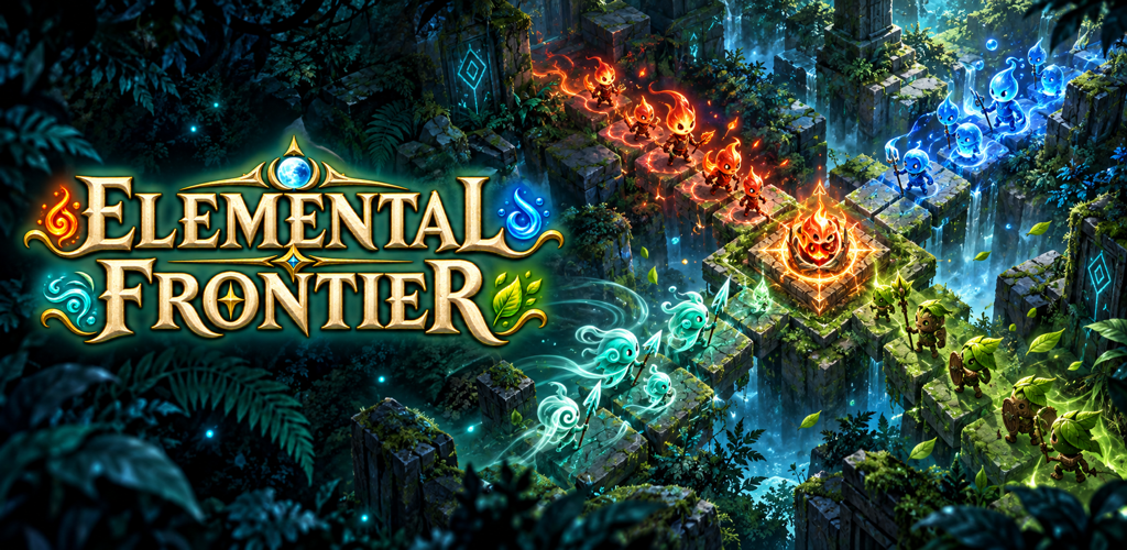 Elemental Frontier 로고와 숲속 유적에서 마주한 불·물·바람·땅 정령들