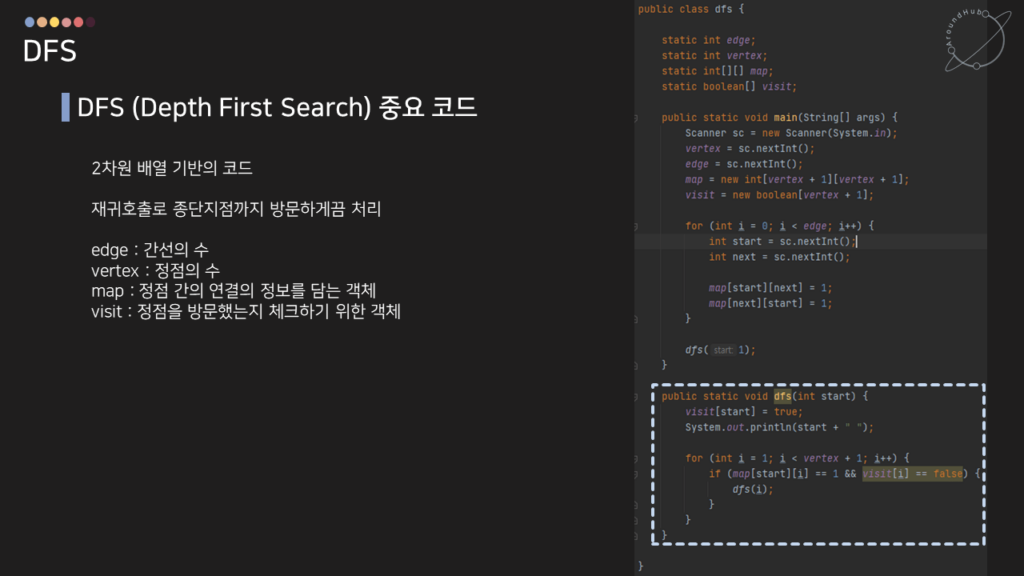 DFS 구현 중요 코드